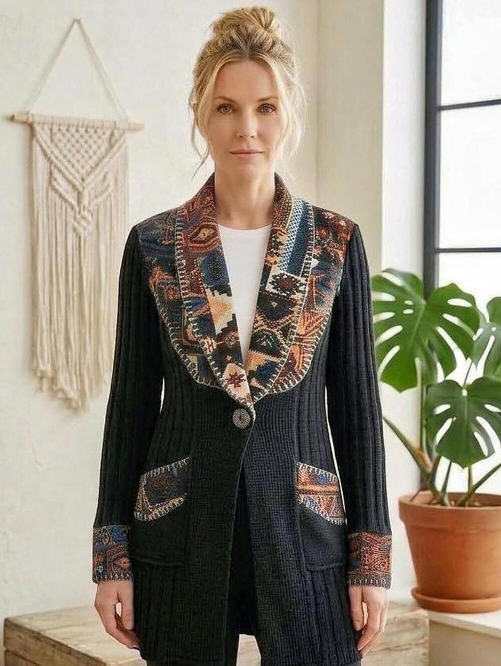 Sioni Black ribbed knit cardigan with patterned tapestry shawl collar